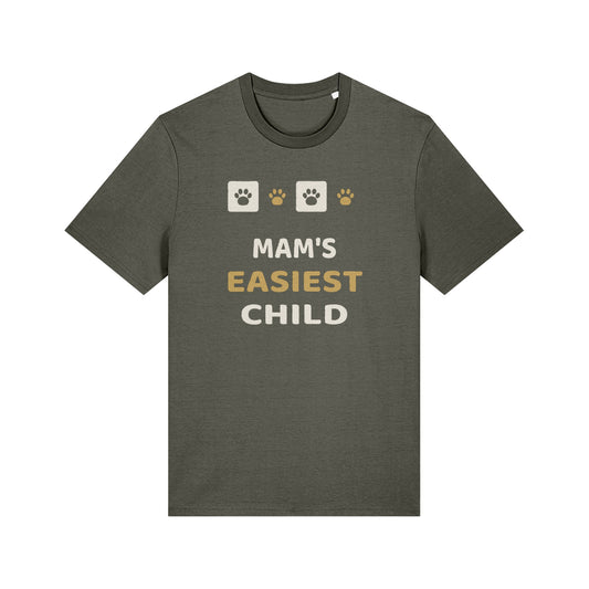 Unique Paw Print T-Shirt, Mam's Easiest Child - Black and Khaki