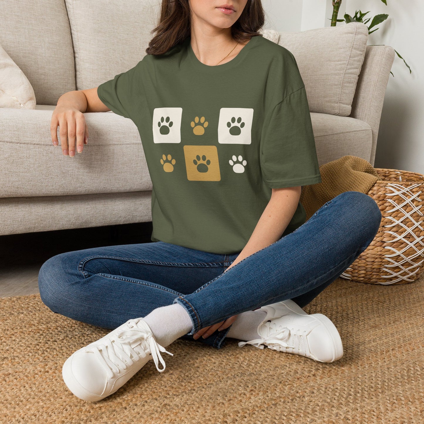 Unique Paw Print T-Shirt, Organic Cotton Dog Lover Tee - Black and Khaki