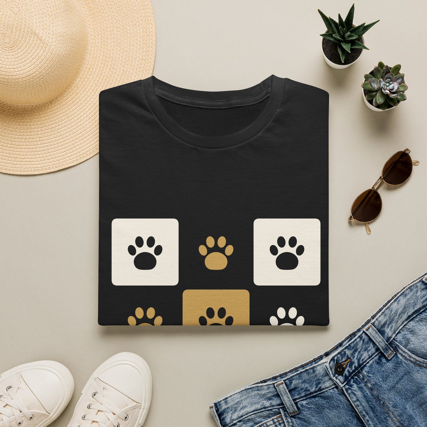 Unique Paw Print T-Shirt, Organic Cotton Dog Lover Tee - Black and Khaki
