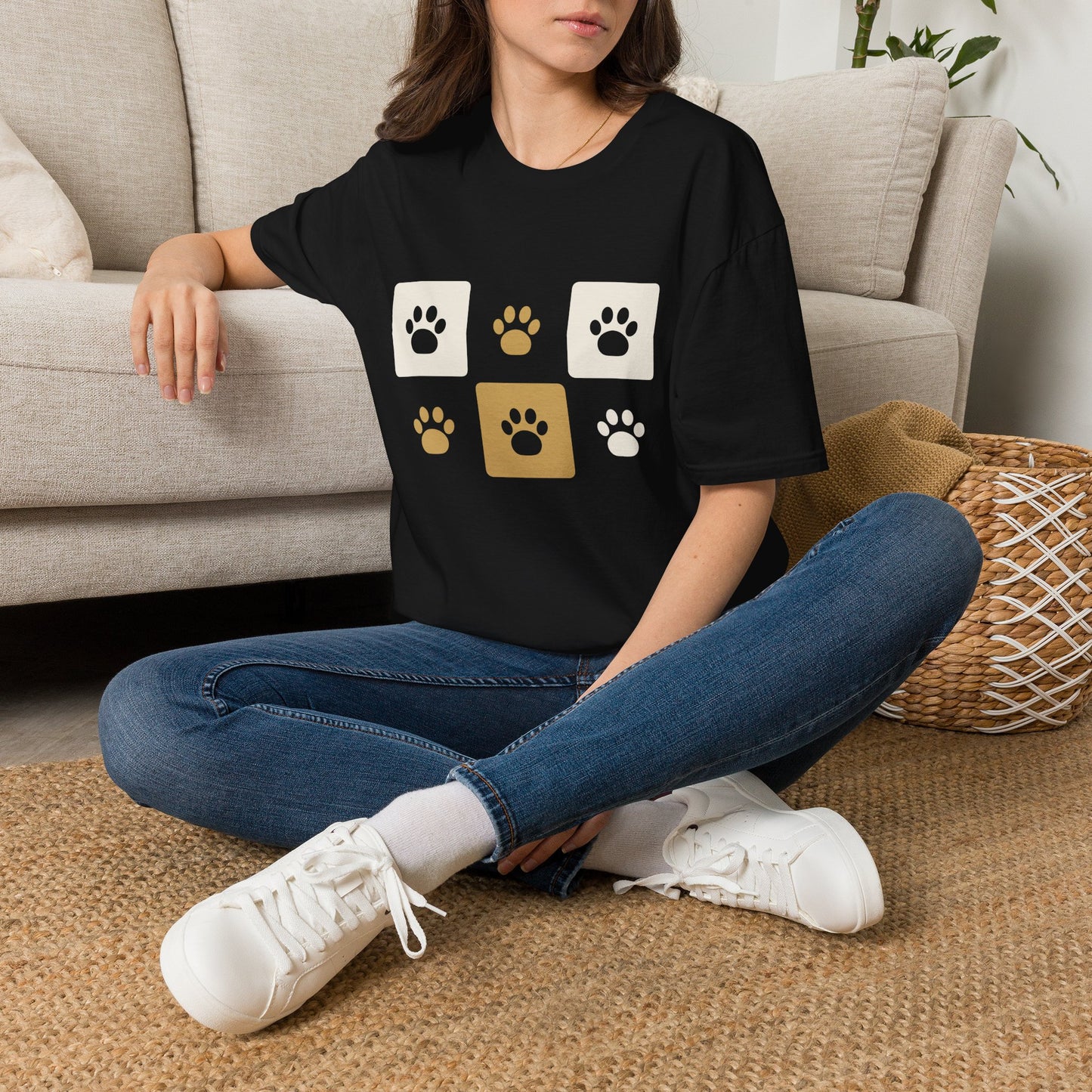 Unique Paw Print T-Shirt, Organic Cotton Dog Lover Tee - Black and Khaki