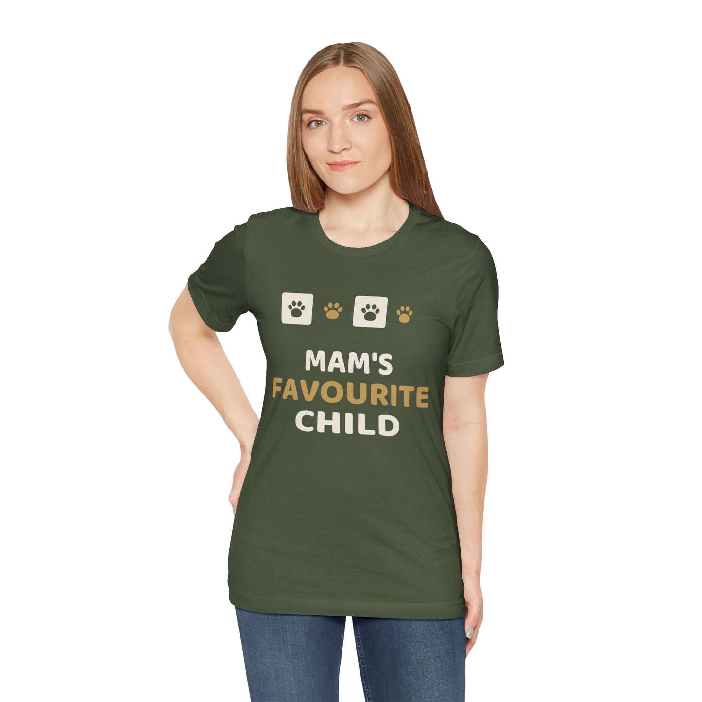 Unique Paw Print T-Shirt, Mam's Favourite Child - Black and Khaki