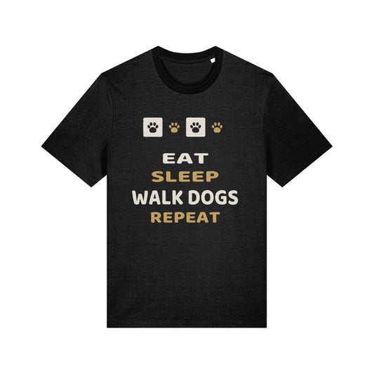 Unique Paw Print T-Shirt, Eat - Sleep - Walk Dogs - Repeat - Black and Khaki