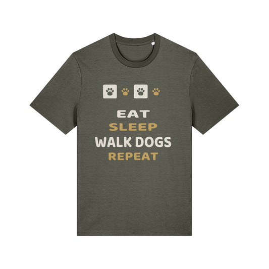 Unique Paw Print T-Shirt, Eat - Sleep - Walk Dogs - Repeat - Black and Khaki