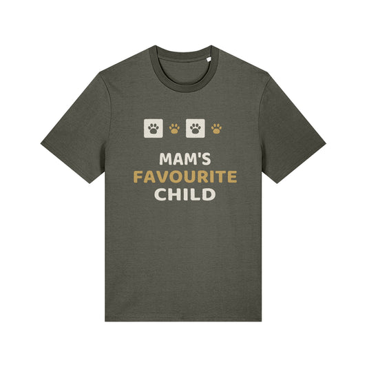 Unique Paw Print T-Shirt, Mam's Favourite Child - Black and Khaki